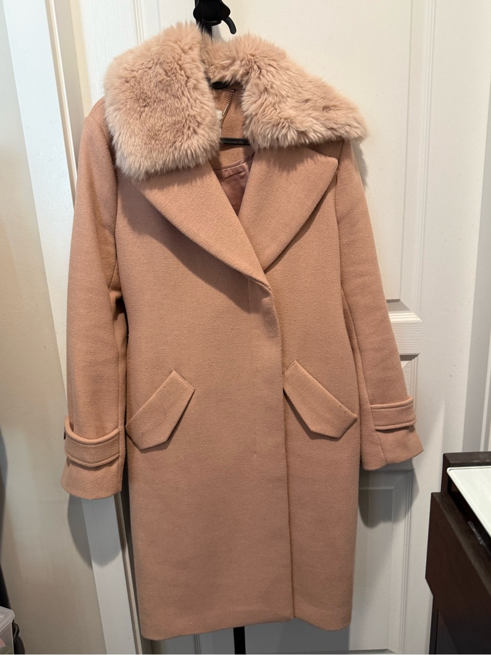 Ever New Blush Wool-Blend Pea Coat with Faux Fur Collar